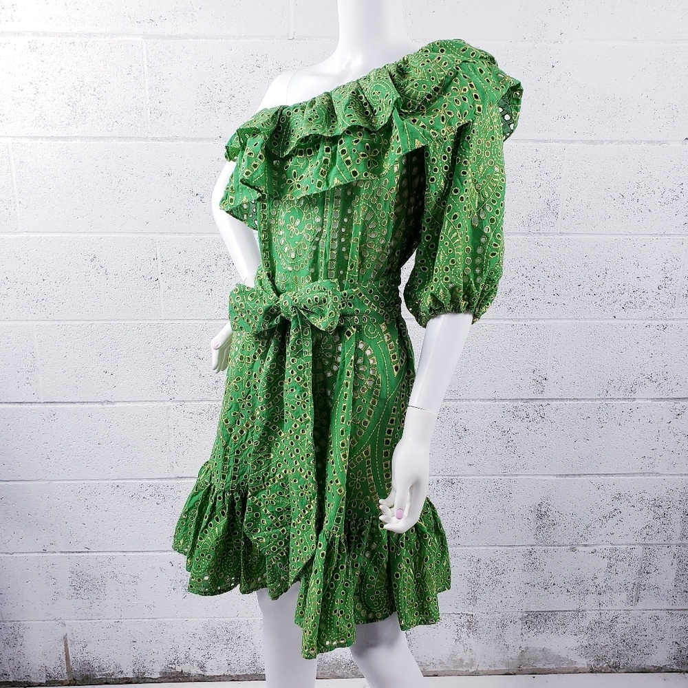 Lisa Marie Fernandez Green Eyelet One Shoulder Ruffled Belted Dress Size 2